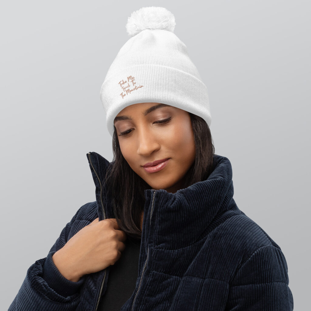Pom Pom Beanie Take Me Back To The Mountain White Snowboard Ski