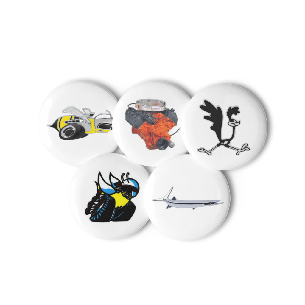 Set of 5 Mopar Pin Buttons Super Bee 68 Cuda Fish Scat Pack Roadrunner Hemi
