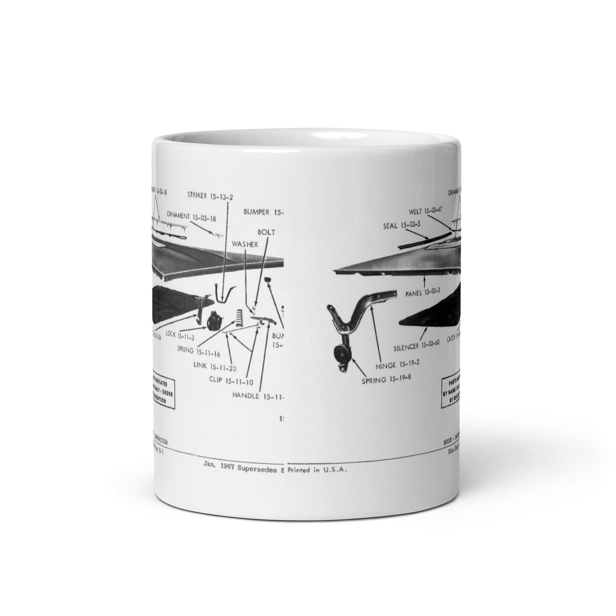 67 Barracuda Mopar Parts Book Diagram Coffee Mug Parts Cuda Hood 1967 Mopar - Image 7