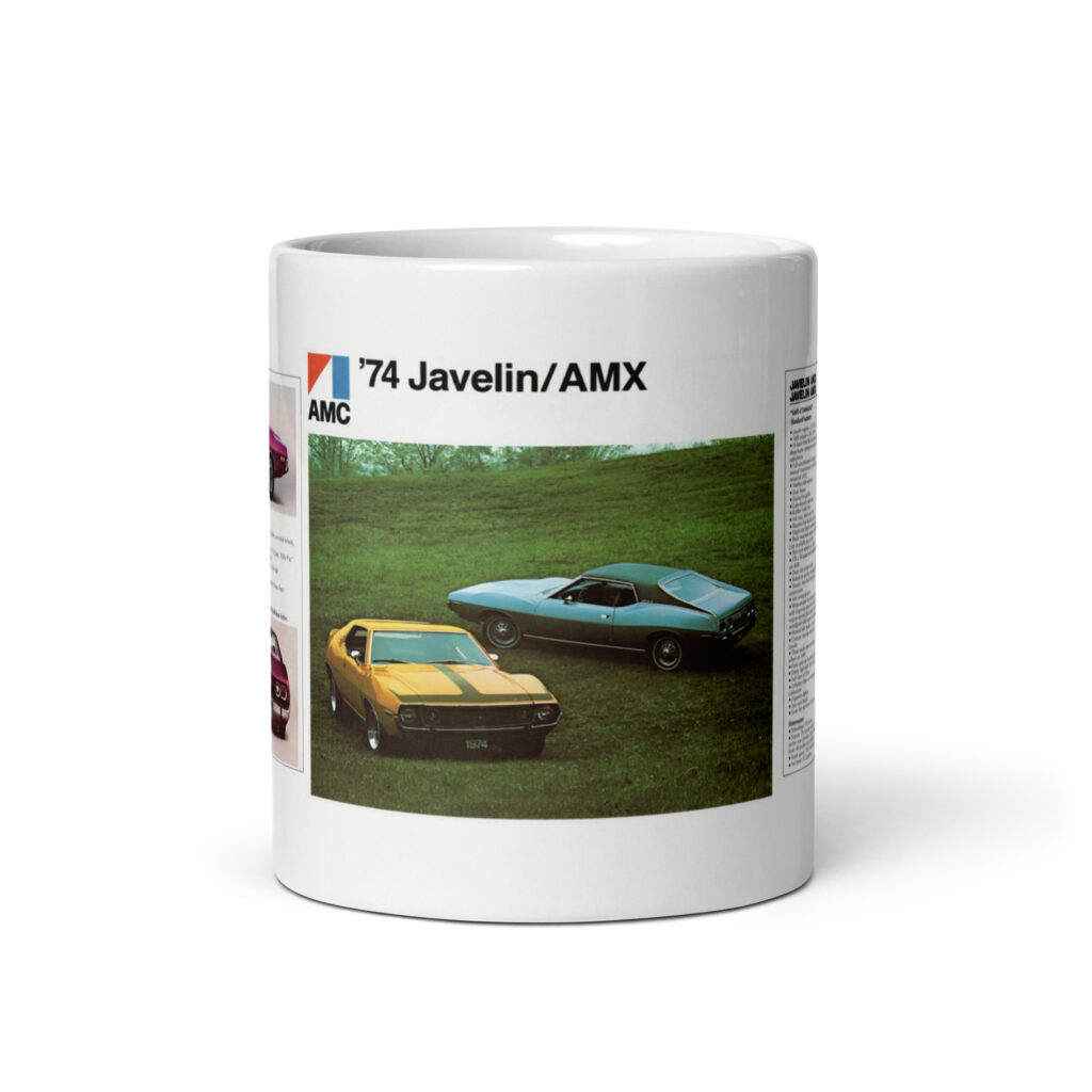 1974 AMC Javelin AMX Sales Brochure Coffee Mug 360 401 Hurst 4 Speed