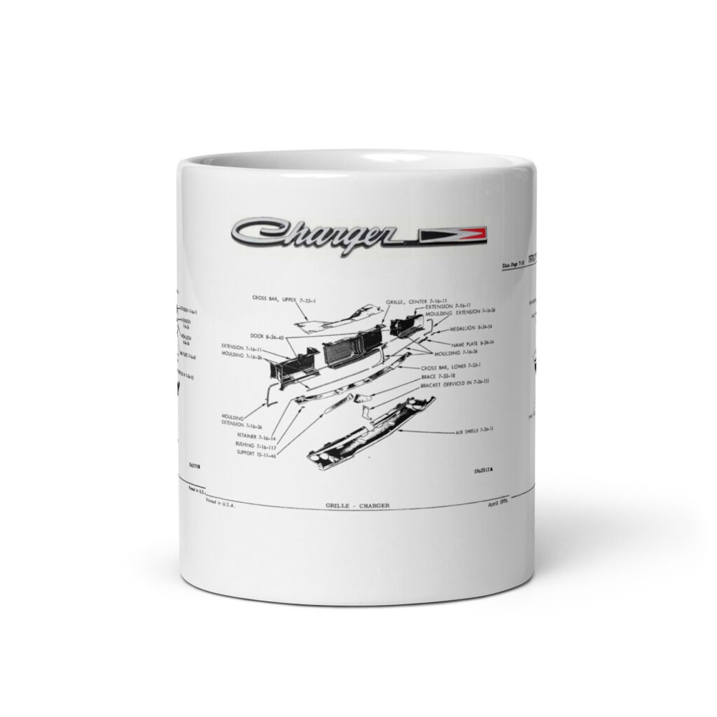 Blueprint of a Cinematic Icon: 1968–1970 Dodge Charger Factory Grille Parts Diagrams Mug (R/T, SE, 500, 383, & HEMI)
