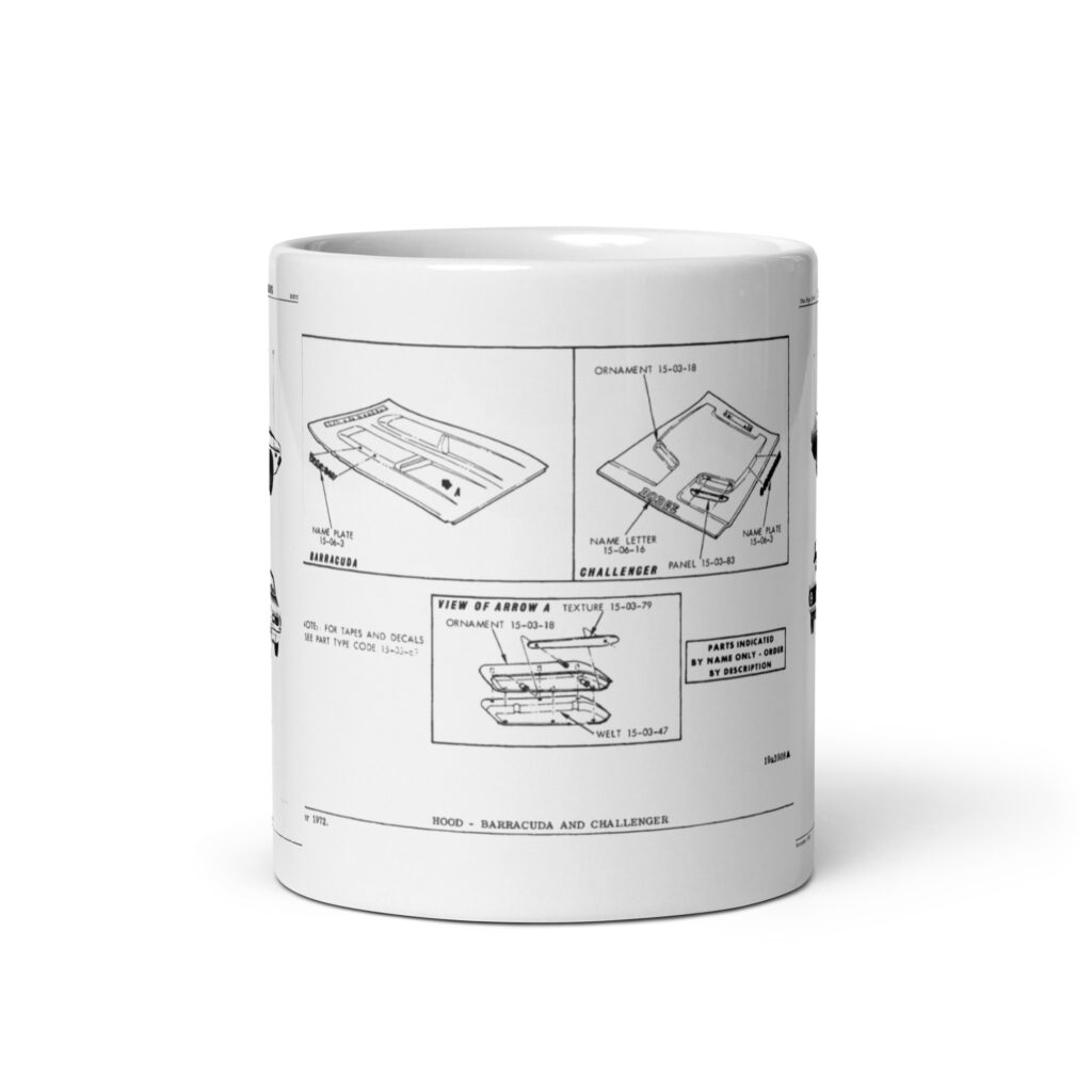 72 Cuda Challenger Exterior Factory Parts Diagrams Coffee Mug Hoods 340
