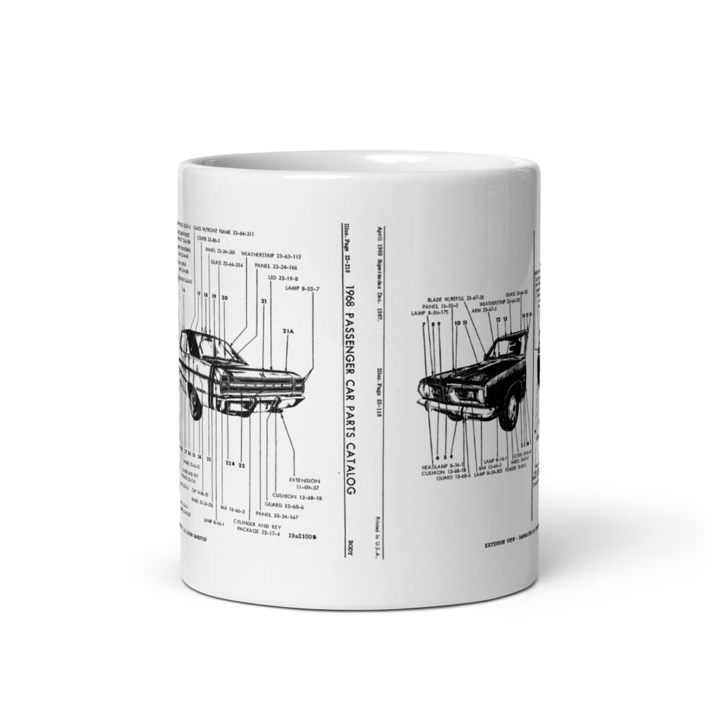 68 Dart GTS & Formula S Barracuda Exterior View Factory Parts Diagram Coffee Mug