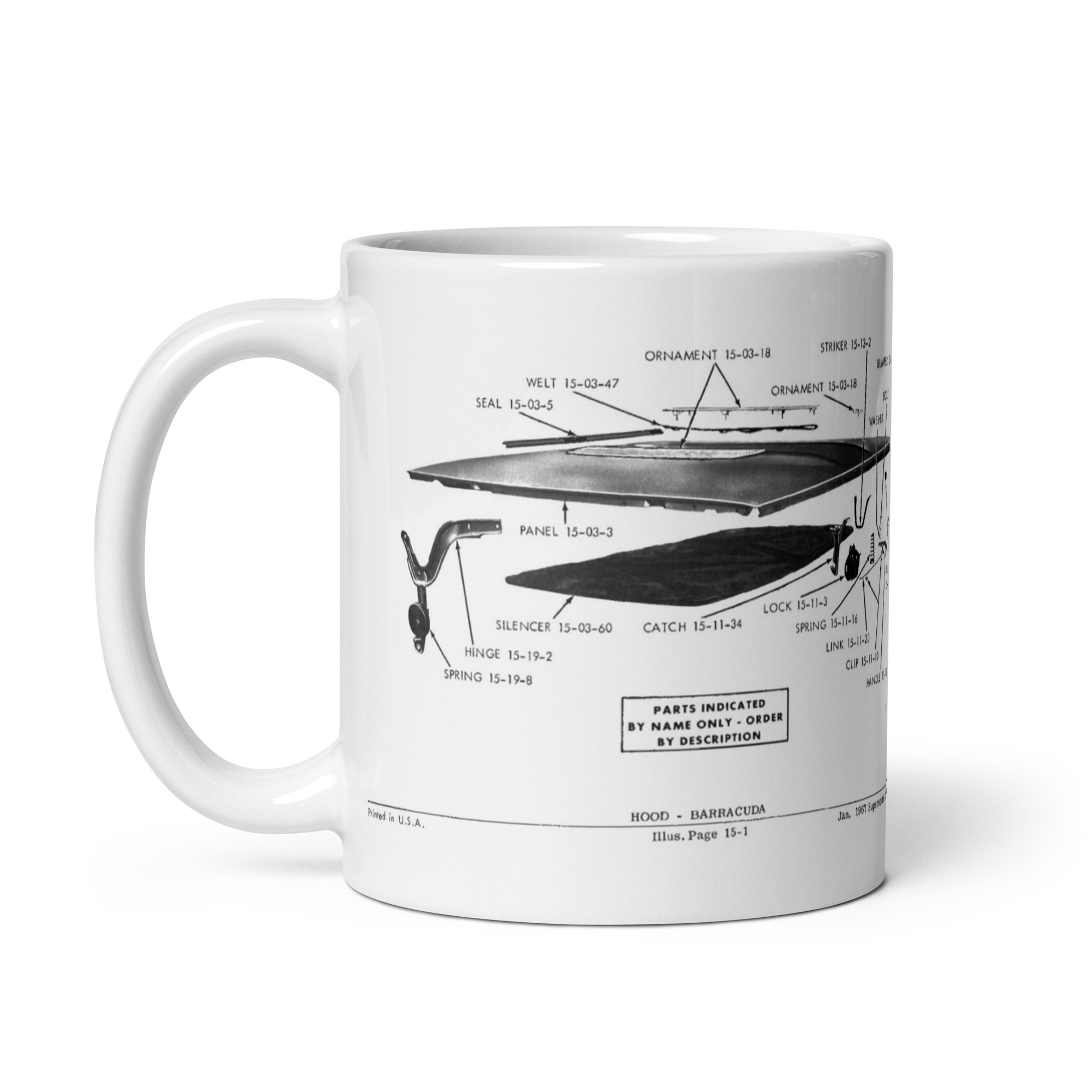 67 Barracuda Mopar Parts Book Diagram Coffee Mug Parts Cuda Hood 1967 Mopar - Image 6