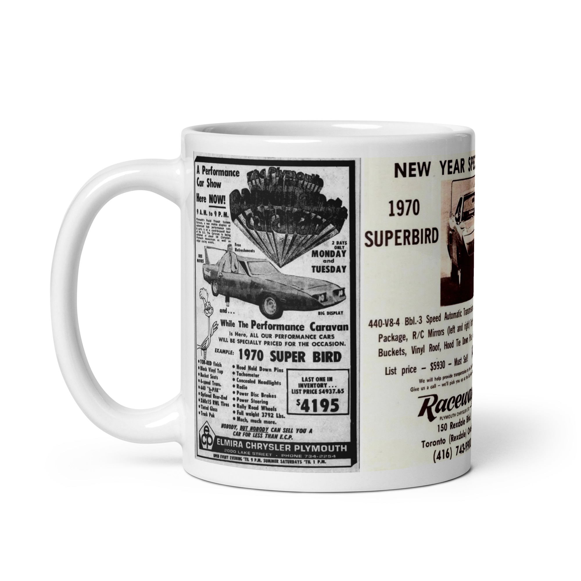 4 1970 Plymouth Superbird Newspaper Ads Coffee Mug 440 Hemi 440+6 - Image 3