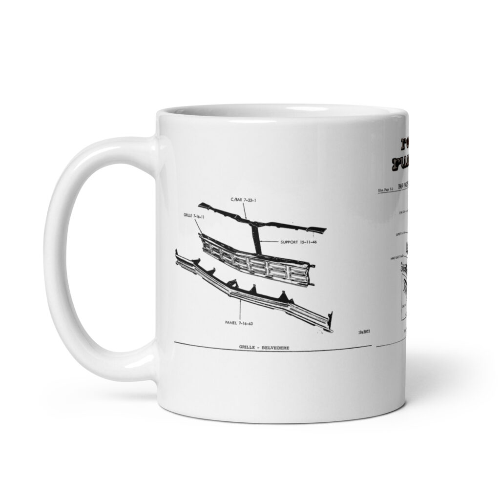 Blueprint of the Bird: 1968 – 1970 Plymouth Road Runner Factory Parts Grille Diagrams Mug (383, 440+6, & HEMI)