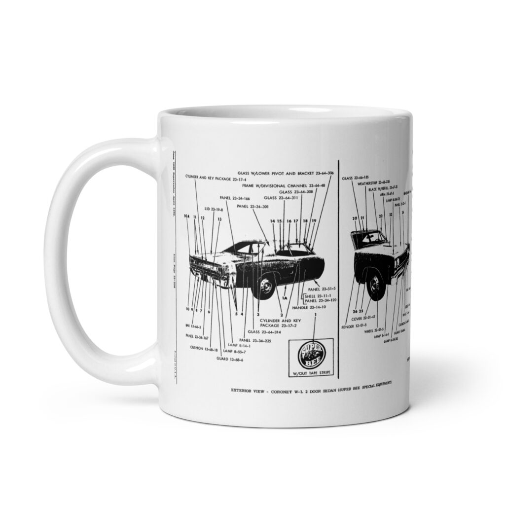 68 and 69 Dodge Super Bee Exterior View Factory Parts Diagram Coffee Mug