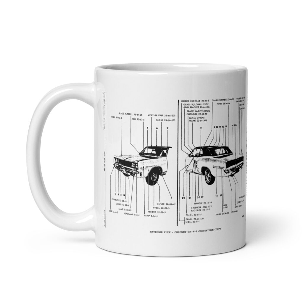 68 Dodge Coronet 500 Exterior View Factory Parts Diagram Coffee Mug Convertible