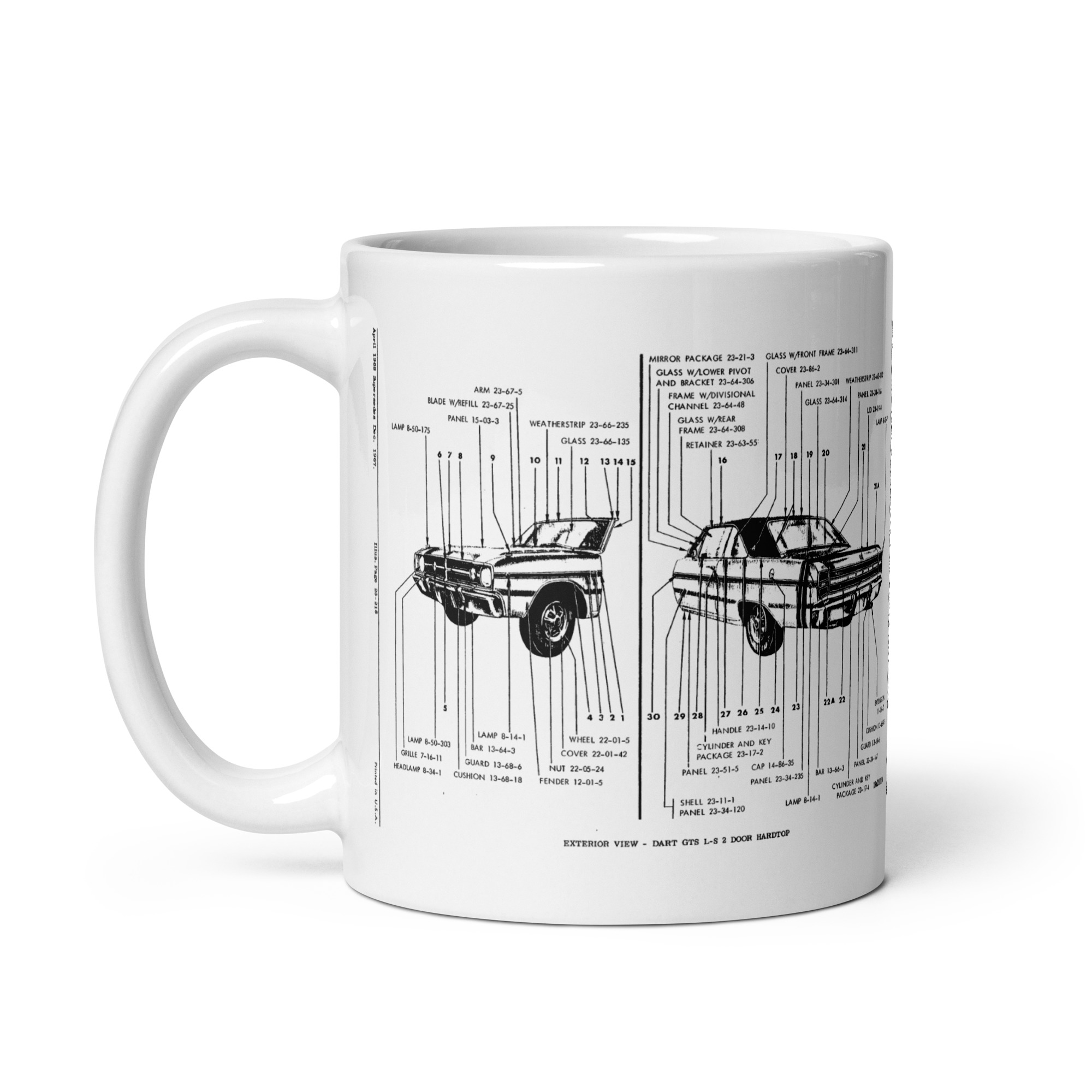 68 Dart GTS & Formula S Barracuda Exterior View Factory Parts Diagram Coffee Mug - Image 3