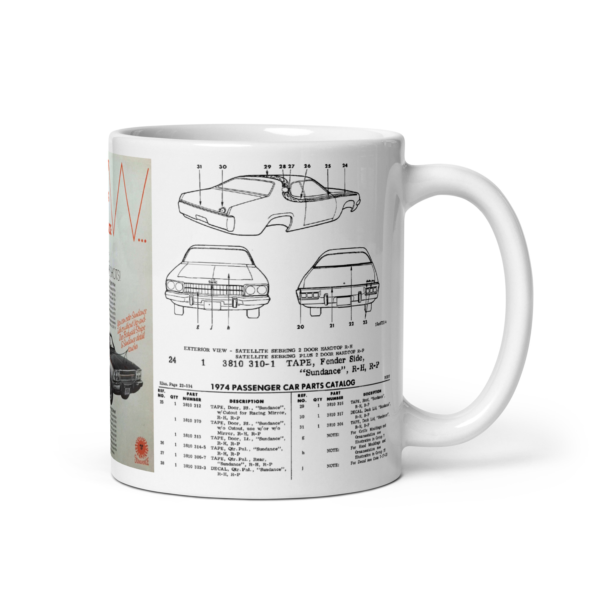 74 Mopar Satellite Sebring Sundance Coffee Mug Ad Parts Book Papers - Image 2