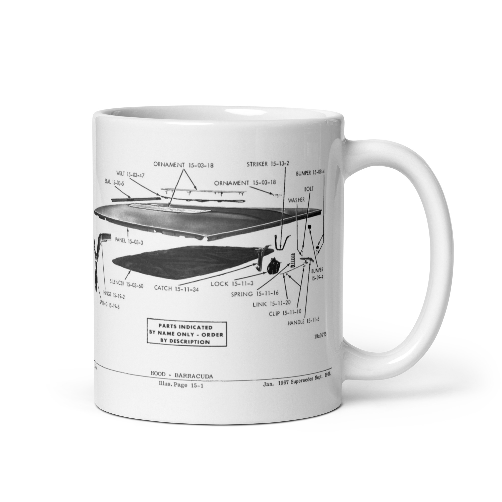 67 Barracuda Mopar Parts Book Diagram Coffee Mug Parts Cuda Hood 1967 Mopar - Image 2