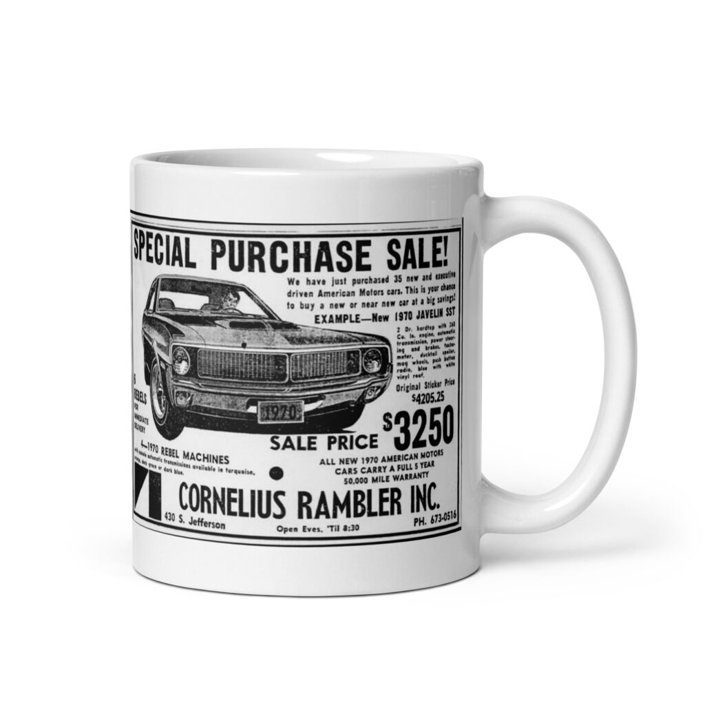 1970 AMC Javelin Newspaper Ads Coffee Mug - SST & Trans Am 11oz 360 390