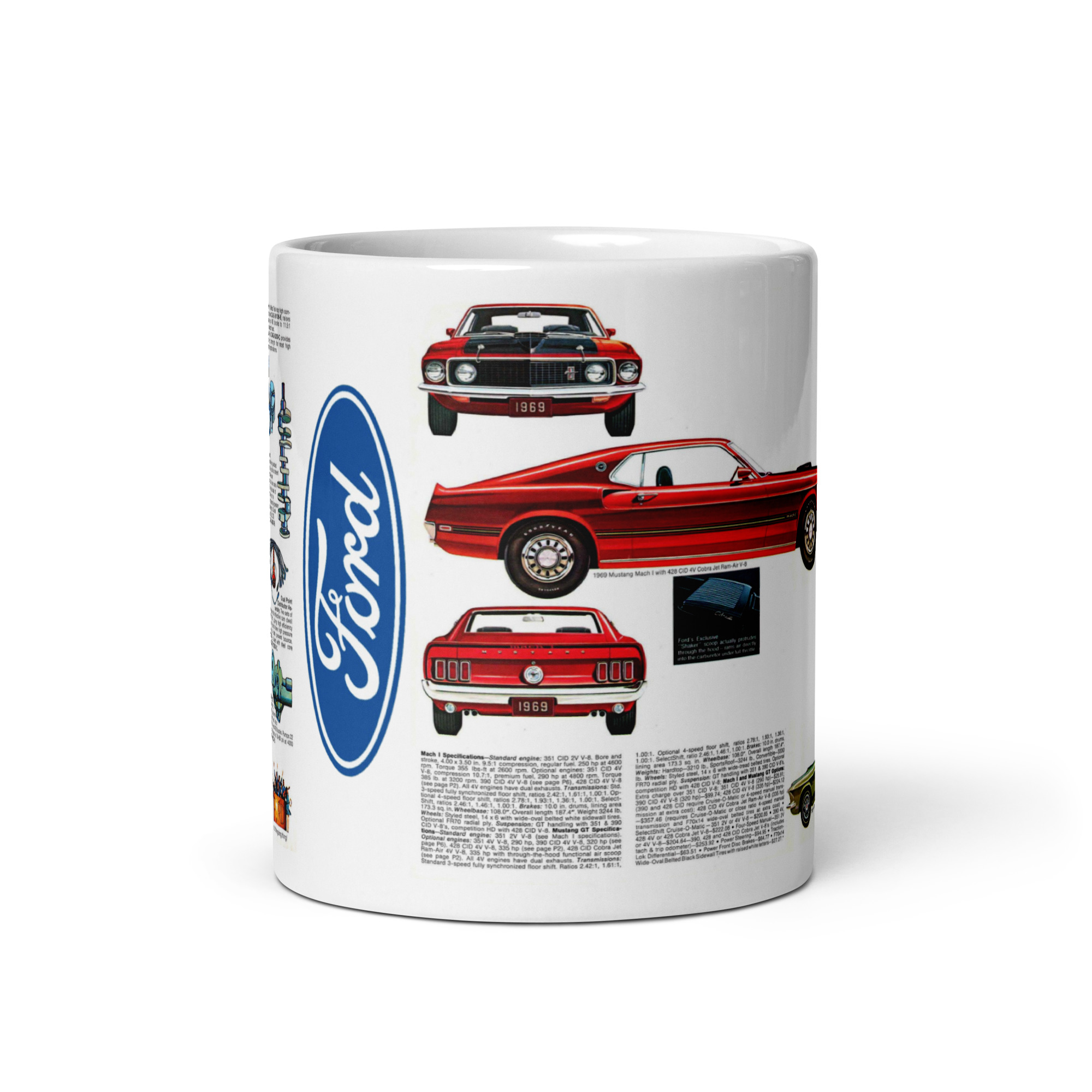 69 Ford Performance Digest Brochure Coffee Mug Mustang Mach 1 GT Sportsroof 428 - Image 3