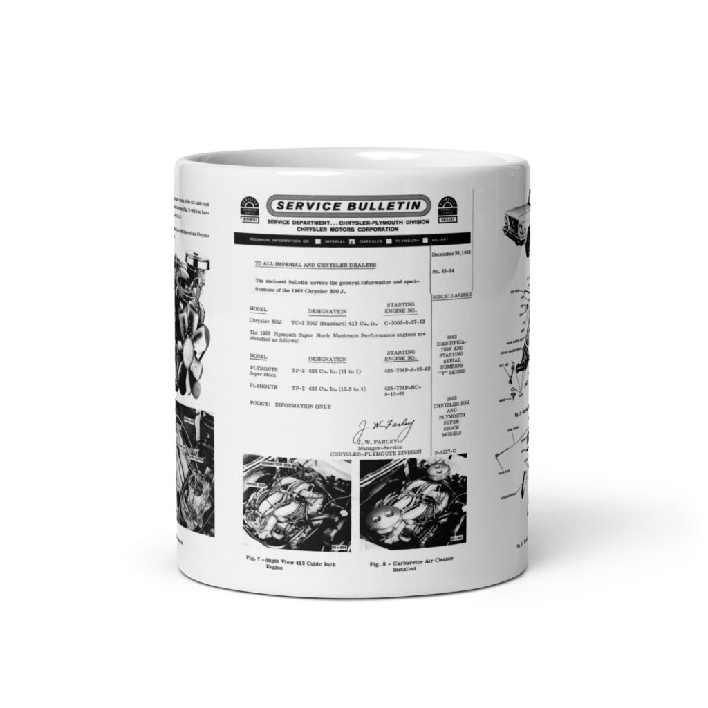 1963 Chrysler 300 J + Plymouth 426 Super Stock Service Bulletin Coffee Mug 413 Crossram