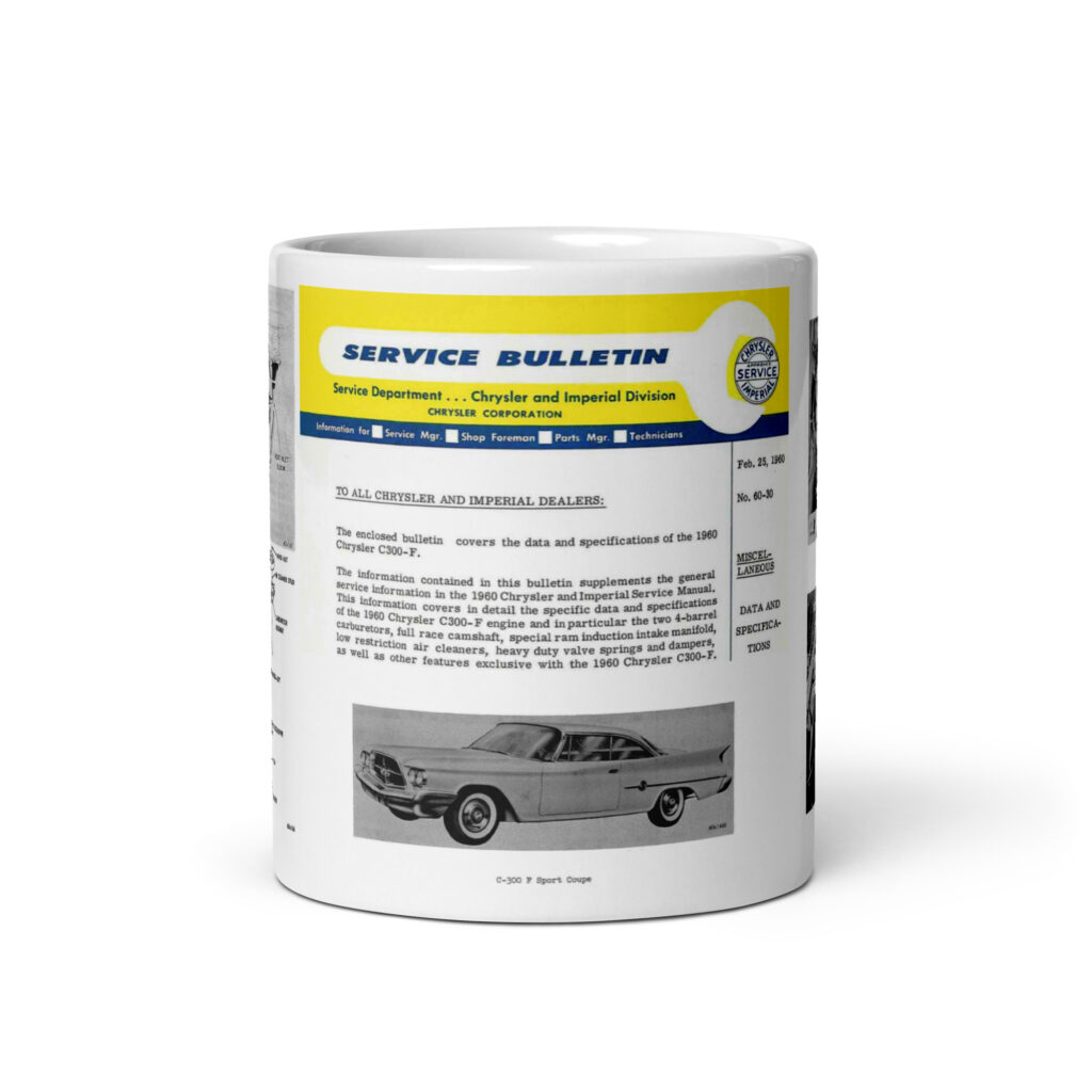1960 Chrysler 300 F Technical Service Bulletin Coffee Mug Crossram 413 Sonoramic
