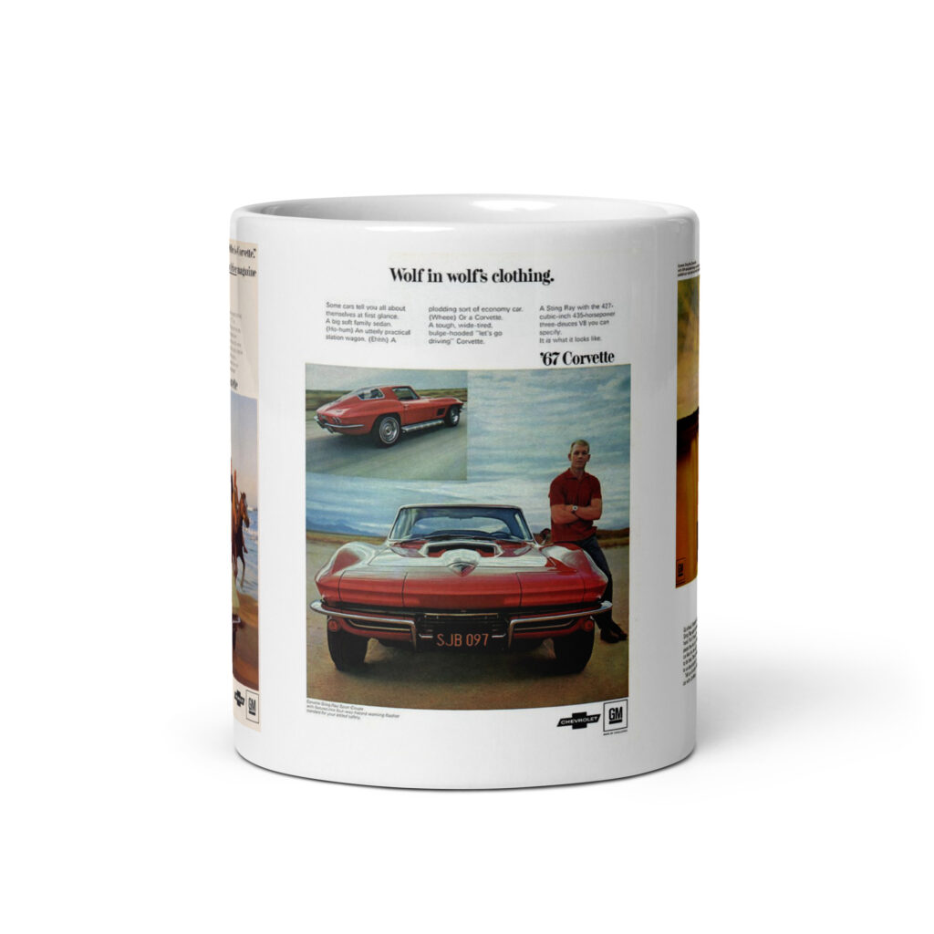1967 Corvette 3 Magazine Ad Coffee Mug Second Hand Car Wolf in Wolfs Clothing
