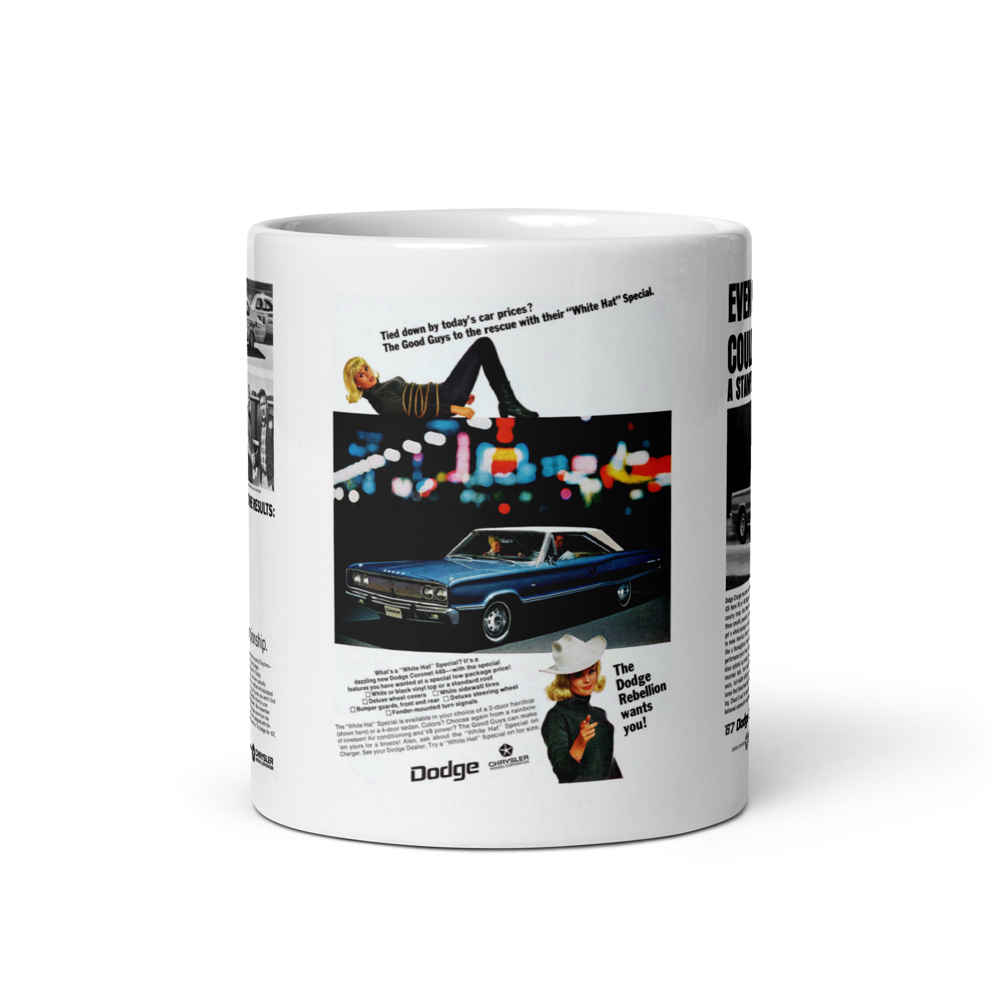 1967 Dodge Coronet White Hat Charger 3 Magazine Ad Coffee Mug Racing Custer Muster