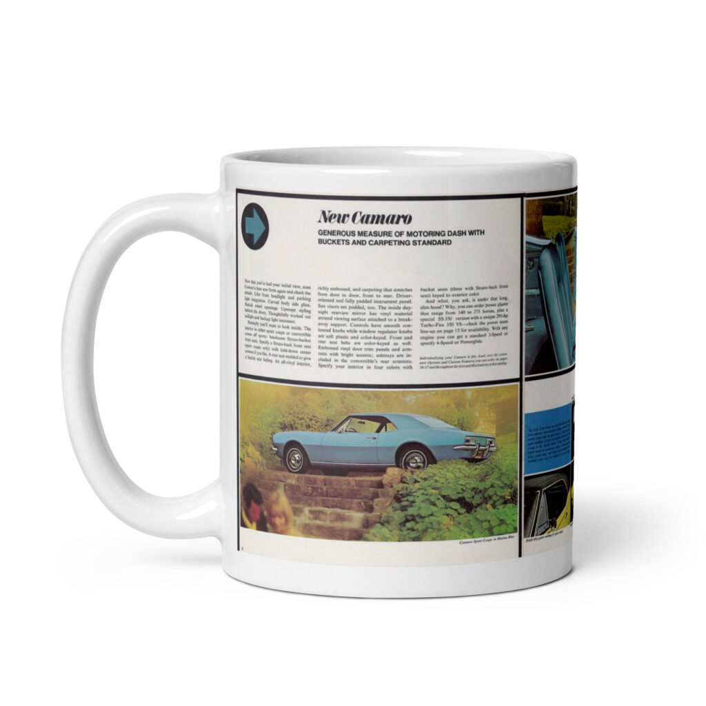67 New Camaro Sales Brochure Coffee Mug Powerglide 4 Speed 327