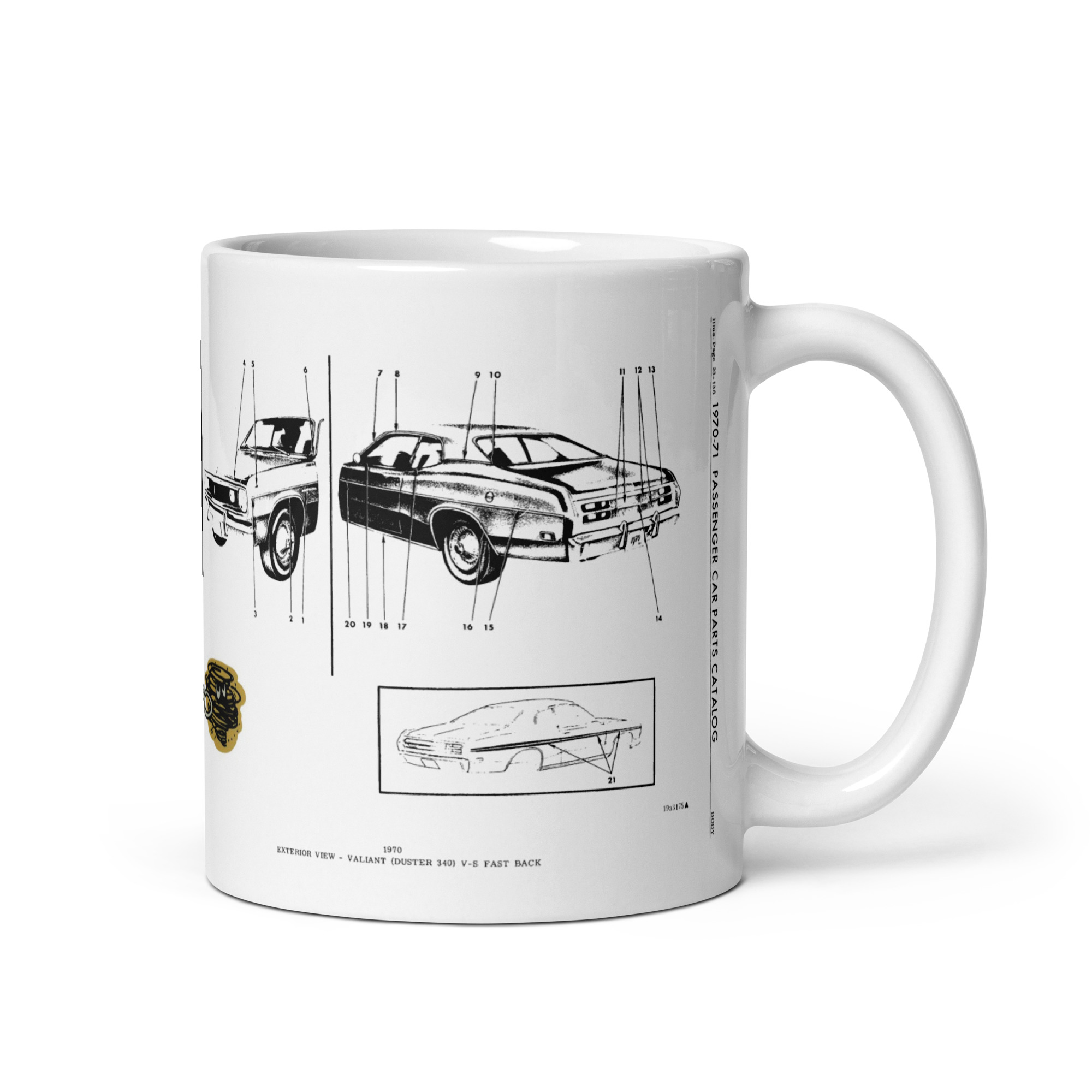 70 and 71 Duster 340 Exterior View Factory Parts Diagram Coffee Mug Wedge - Image 2