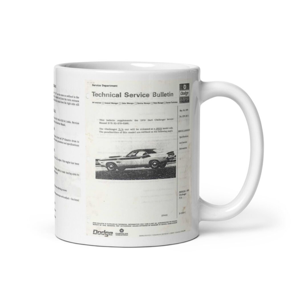 1970 Dodge Challenger T/A TSB Papers Coffee Mug Canada + USA 340 Six Pack