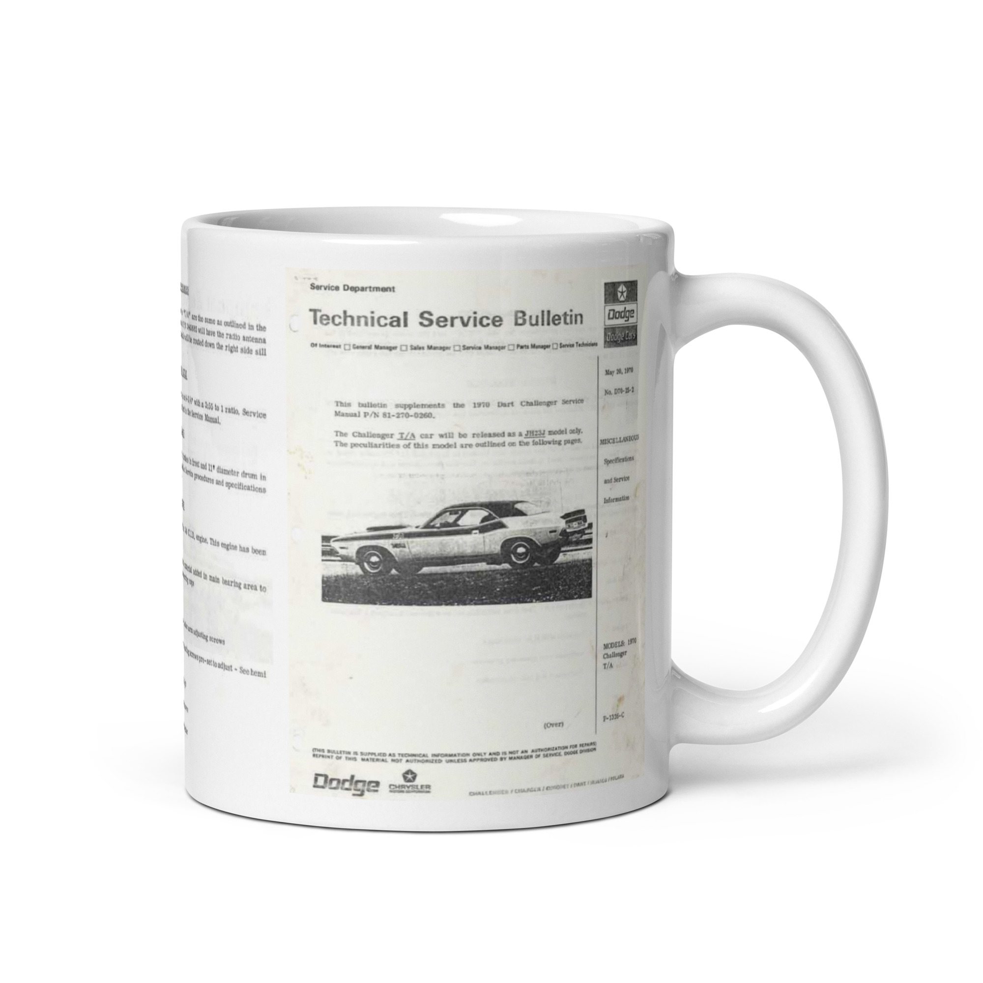 1970 Dodge Challenger T/A TSB Papers Coffee Mug Canada + USA 340 Six Pack