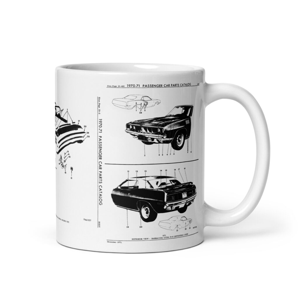 1971 Barracuda Cuda Convertible Factory Parts Diagrams Coffee Mug Hemi 440+6 383 340 318