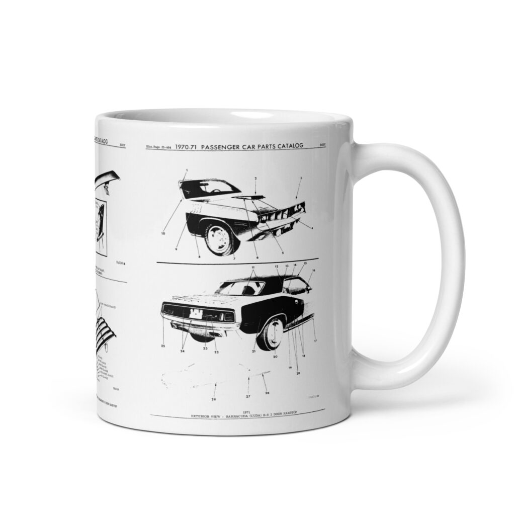1971 Plymouth Cuda Factory Parts Diagrams Coffee Mug Gull Wing Louvers Hemi