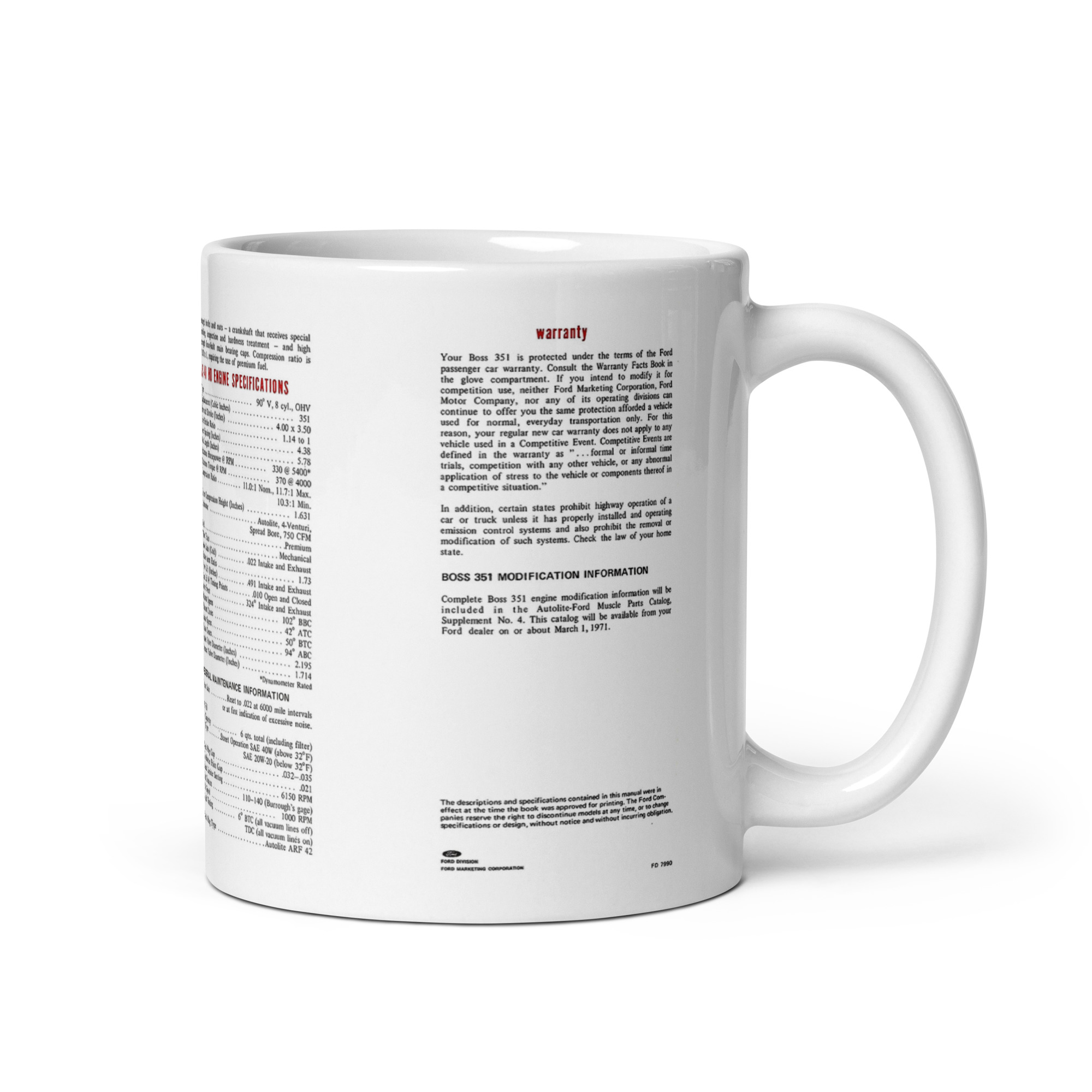 1971 Boss 351 Mustang Factory Foldout Brochure Coffee Mug - Image 2