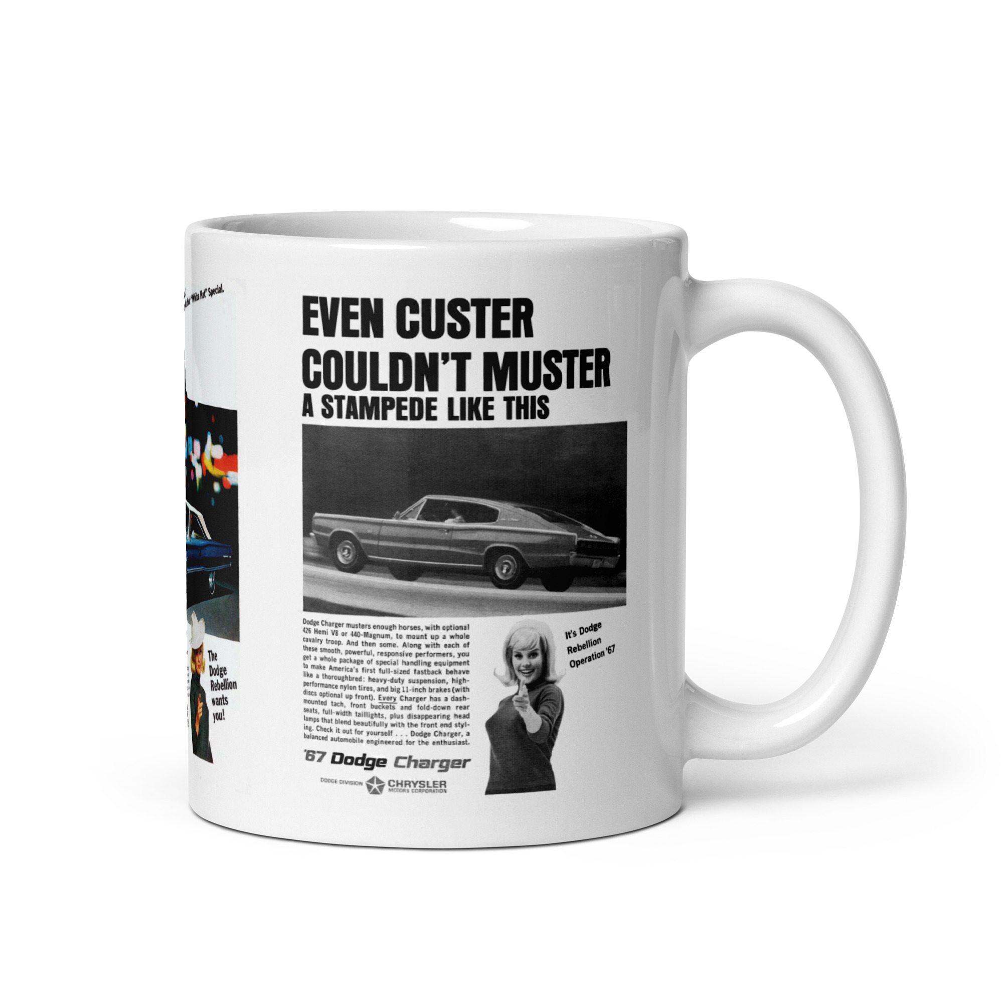 1967 Dodge Coronet White Hat Charger 3 Magazine Ad Coffee Mug Racing Custer Muster - Image 2