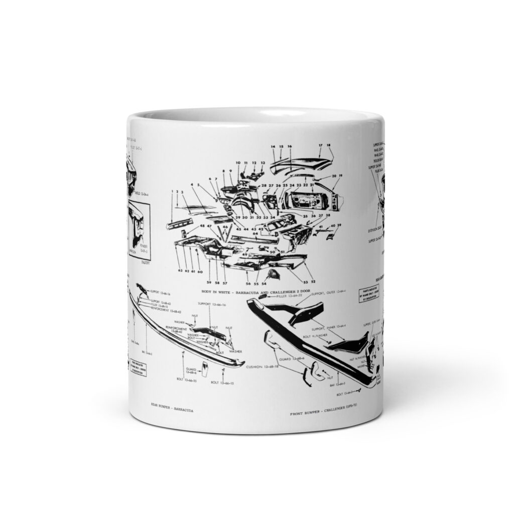 1970 1971 Barracuda and Challenger Body Panels Coffee Mug Factory Parts Diagrams Bumpers