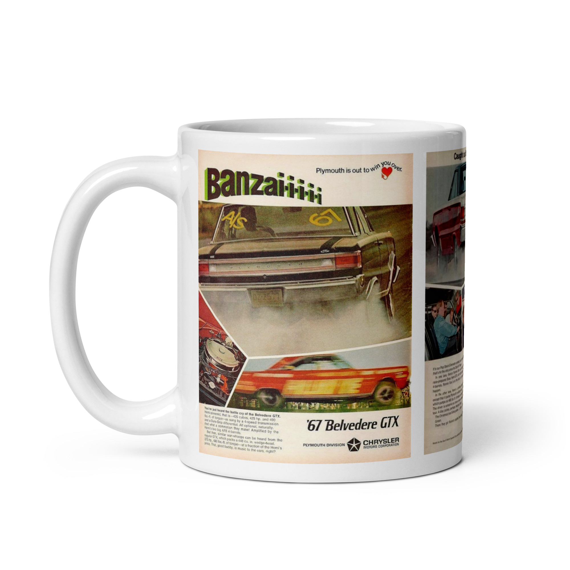 1967 Plymouth GTX 3 Magazine Ad Coffee Mug 440 426 Hemi Racing - Image 3