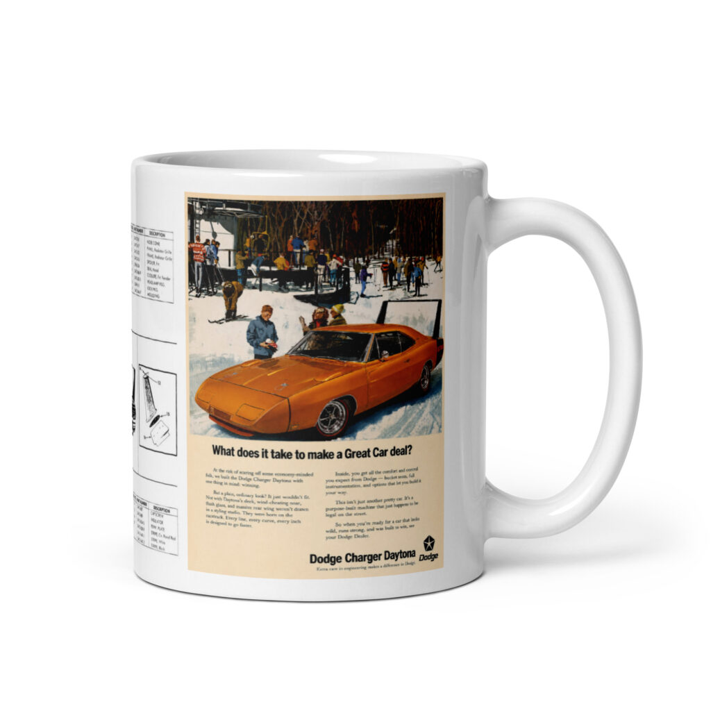 1969 Dodge Daytona Sales Literature Parts Diagram and Magazine Ad Coffee Mug