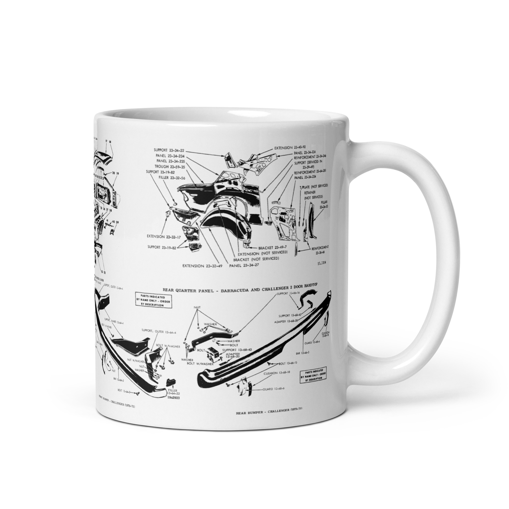 1970 1971 Barracuda and Challenger Body Panels Coffee Mug Factory Parts Diagrams Bumpers - Image 2