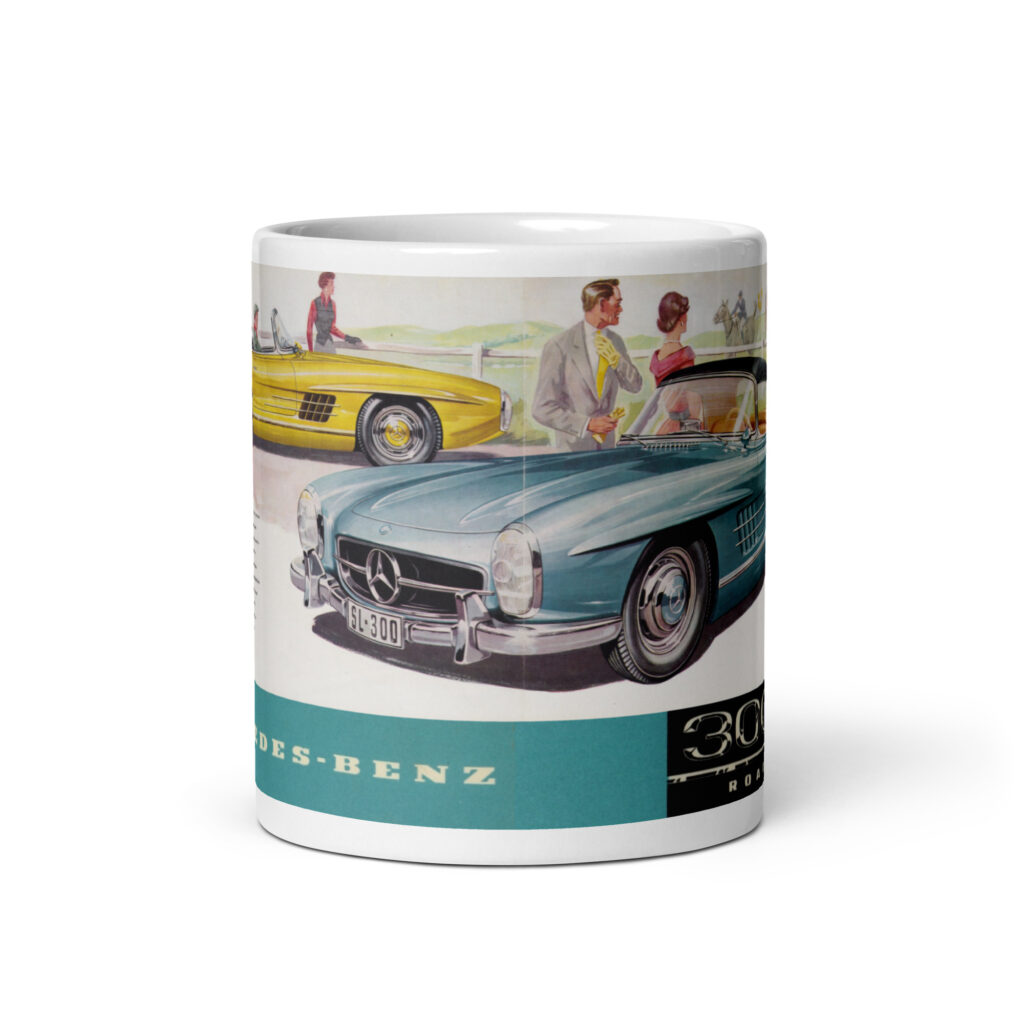 • Right side of GTX Garage coffee mug displaying an ocean-teal 1958 Mercedes-Benz 300SL hardtop illustration and a bold mid-century 300 SL Roadster branding logo.